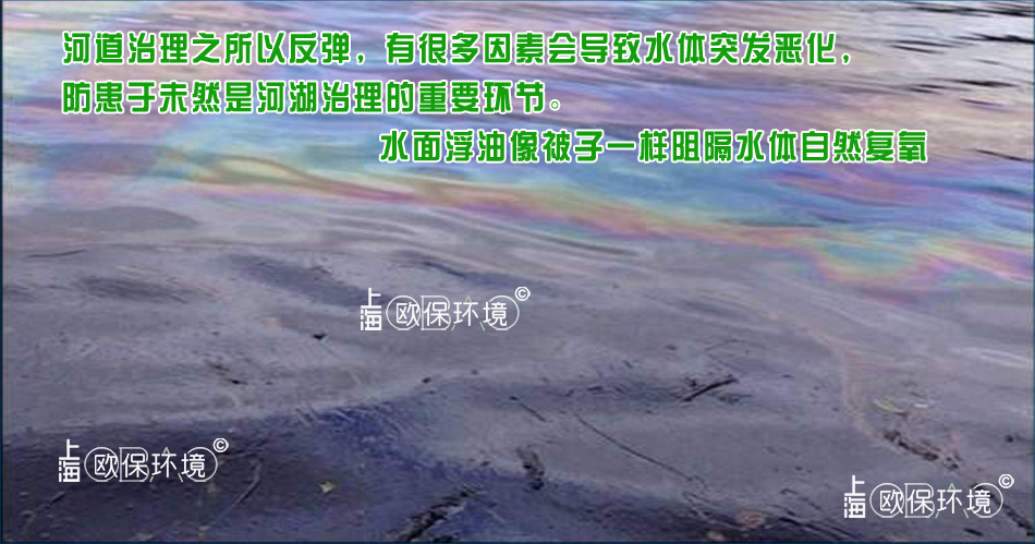 水面浮油覆盖表面,泛着油花,不但影响水体自然复氧,同时还影响水体观感 水面浮油覆盖表面,泛着油花,不但影响水体自然复氧,同时还影响水体观感